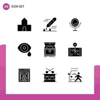 Mobile Interface Solid Glyph Set of 9 Pictograms of chest drops scientific research science eye Editable Vector Design Elements