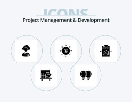 Project Management And Development Glyph Icon Pack 5 Icon Design. list. budget. outsource. resource. manager vector