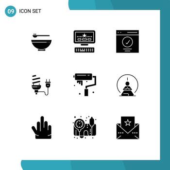 Mobile Interface Solid Glyph Set of 9 Pictograms of plug energy interface eletrical bulb Editable Vector Design Elements