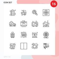paquete de 16 signos y símbolos de contornos modernos para medios de impresión web, como elementos de diseño de vectores editables de baño de ventilador de flores de entrega rápida