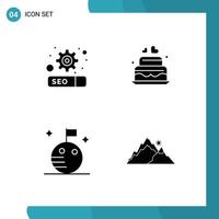 Editable Vector Line Pack of 4 Simple Solid Glyphs of gear space cake wedding landscape Editable Vector Design Elements