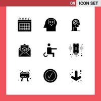 Universal Icon Symbols Group of 9 Modern Solid Glyphs of handicapped mail concentration graduation cap Editable Vector Design Elements