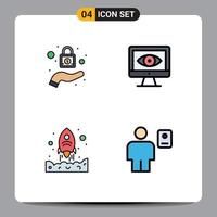 Mobile Interface Filledline Flat Color Set of 4 Pictograms of lock up computer launching body Editable Vector Design Elements
