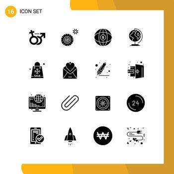 16 concepto de glifo sólido para sitios web móviles y aplicaciones bolsa de temporada globo mapa globo elementos de diseño vectorial editables vector