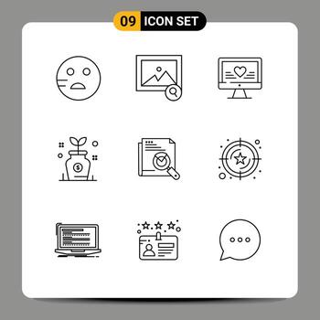 User Interface Pack of 9 Basic Outlines of page search search heart page investment Editable Vector Design Elements