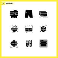 Set of 9 Vector Solid Glyphs on Grid for cash food shorts barbecue debit Editable Vector Design Elements