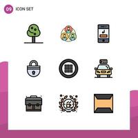 Pack of 9 Modern Filledline Flat Colors Signs and Symbols for Web Print Media such as grid security call password lock Editable Vector Design Elements