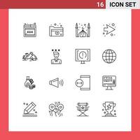 Pack of 16 Modern Outlines Signs and Symbols for Web Print Media such as hill right mosque next eid Editable Vector Design Elements