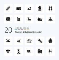 20 Tourism And Outdoor Recreation Solid Glyph icon Pack like compass torch bench light picnic vector