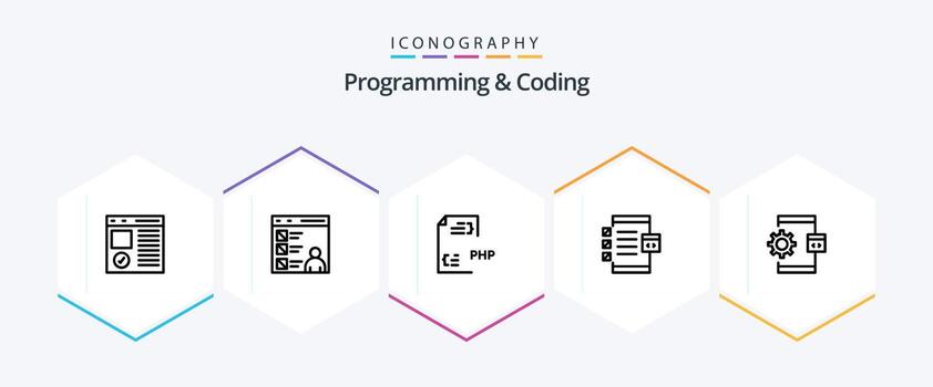 paquete de iconos de 25 líneas de programación y codificación que incluye desarrollo. aplicación desarrollar. expediente. desarrollo vector