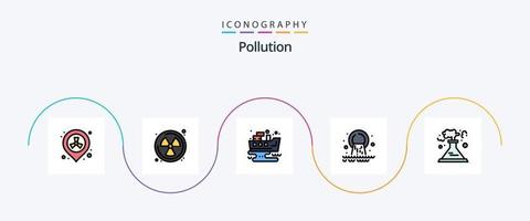 la línea de contaminación llenó el paquete de iconos planos 5 que incluye la contaminación. desperdiciar. petróleo. aguas residuales. polución vector