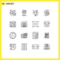 Group of 16 Modern Outlines Set for up direction diamond decentralized blockchain Editable Vector Design Elements