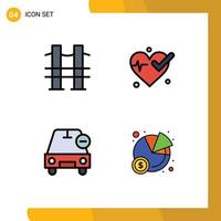 Mobile Interface Filledline Flat Color Set of 4 Pictograms of bridge less road beat vehicles Editable Vector Design Elements