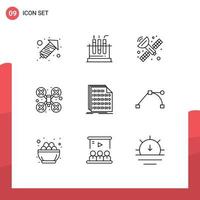 Universal Icon Symbols Group of 9 Modern Outlines of data code satellite binary drone camera Editable Vector Design Elements