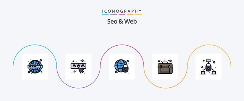 seo y la línea web llenaron el paquete de iconos planos 5 que incluye la red. comunicación. globo. web. diseño vector