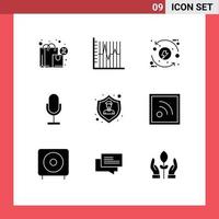 9 Thematic Vector Solid Glyphs and Editable Symbols of microphone broadcast recovery audio eco Editable Vector Design Elements