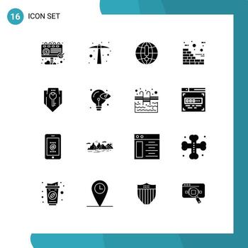 Mobile Interface Solid Glyph Set of 16 Pictograms of protection access globe wall bricks Editable Vector Design Elements