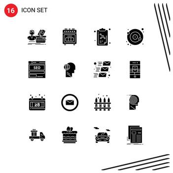 16 glifos sólidos universales establecidos para aplicaciones web y móviles servidor satélite cocina órbita órbita elementos de diseño vectorial editables vector