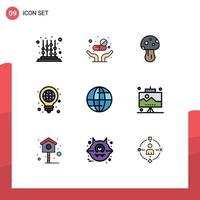 Pack of 9 Modern Filledline Flat Colors Signs and Symbols for Web Print Media such as global light mushroom globe idea Editable Vector Design Elements