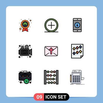 9 Thematic Vector Filledline Flat Colors and Editable Symbols of video camera new arrow mobile application Editable Vector Design Elements