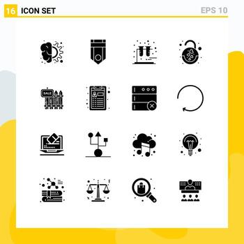 16 glifos sólidos universales establecidos para aplicaciones web y móviles valla amor rango tubos de bloqueo elementos de diseño vectorial editables vector