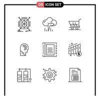 Modern Set of 9 Outlines and symbols such as book switch trolley mind human Editable Vector Design Elements