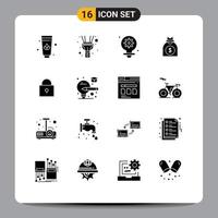 Pack of 16 Modern Solid Glyphs Signs and Symbols for Web Print Media such as light locked gear lock business Editable Vector Design Elements