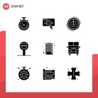 Modern Set of 9 Solid Glyphs and symbols such as stop reduce information lower cost Editable Vector Design Elements