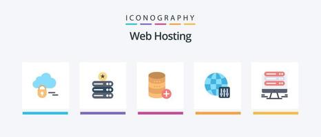 Paquete de 5 iconos planos de alojamiento web que incluye alojamiento. monitor. servidor. Configuración del servidor. mundo. diseño de iconos creativos vector