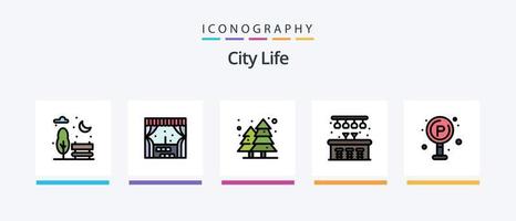 la línea de vida de la ciudad llenó el paquete de 5 íconos que incluye. hotel. boca de aguas. la vida. la vida. diseño de iconos creativos vector