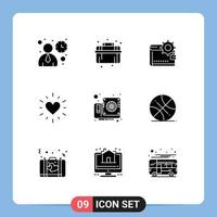 Pack of 9 creative Solid Glyphs of valentine heart wallet making personal Editable Vector Design Elements