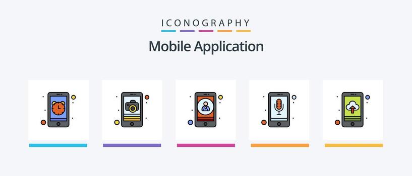 Mobile Application Line Filled 5 Icon Pack Including app upload. app. video streaming. video app. Creative Icons Design vector