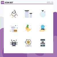 9 User Interface Flat Color Pack of modern Signs and Symbols of fly food clock fast burger Editable Vector Design Elements