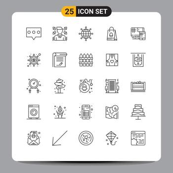 conjunto de línea de interfaz móvil de 25 pictogramas de elementos de diseño de vector editable de pascua de computadora global de monitor de educación