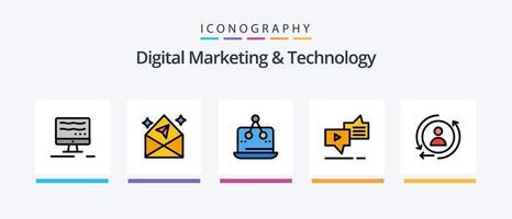 La línea de marketing digital y tecnología llenó un paquete de 5 íconos que incluye anuncios. tecnología. cerca. ordenador portátil. computadora. diseño de iconos creativos vector