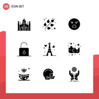 Group of 9 Modern Solid Glyphs Set for love unlock emotion security padlock Editable Vector Design Elements