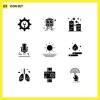 Set of 9 Vector Solid Glyphs on Grid for sun beach firework recording microphone Editable Vector Design Elements