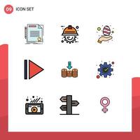 Editable Vector Line Pack of 9 Simple Filledline Flat Colors of down cash project coins care Editable Vector Design Elements