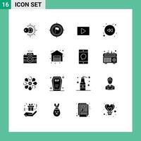 16 Universal Solid Glyphs Set for Web and Mobile Applications photo camera youtube rewind arrow Editable Vector Design Elements