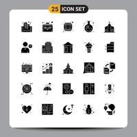 Group of 25 Modern Solid Glyphs Set for church building beer barrel lab flask Editable Vector Design Elements