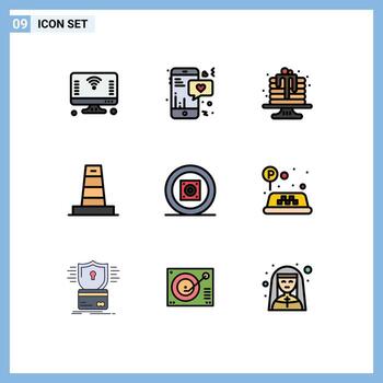 Mobile Interface Filledline Flat Color Set of 9 Pictograms of boom box technology text construction dessert Editable Vector Design Elements