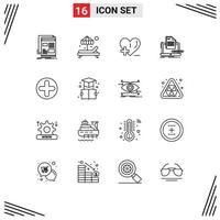 User Interface Pack of 16 Basic Outlines of plus list love computer coder Editable Vector Design Elements