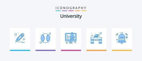 Paquete de 5 íconos de universidad azul que incluye campana. libros. experimento. escritorio de estudio. escritorio. diseño de iconos creativos vector