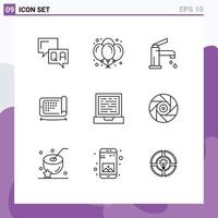 Pictogram Set of 9 Simple Outlines of laptop technology bath display shower Editable Vector Design Elements