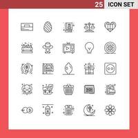 Pack of 25 Modern Lines Signs and Symbols for Web Print Media such as like heart awareness law balance Editable Vector Design Elements