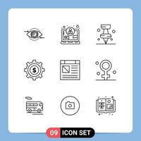 Set of 9 Commercial Outlines pack for page app internet process budget Editable Vector Design Elements