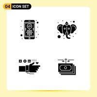 Modern Set of 4 Solid Glyphs Pictograph of app technology mobile hindu heart Editable Vector Design Elements