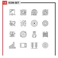 Editable Vector Line Pack of 16 Simple Outlines of cross heart globe dislike space Editable Vector Design Elements