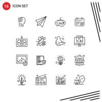 Modern Set of 16 Outlines Pictograph of day calender receive medical xbox Editable Vector Design Elements