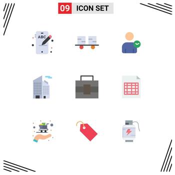grupo de 9 colores planos modernos establecidos para herramientas maletín hombre rascacielos edificio elementos de diseño vectorial editables vector